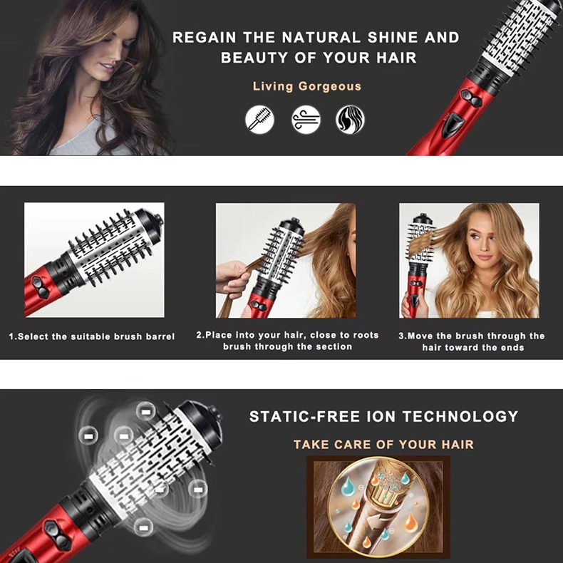 Electric 3-in-1 Hot Air Styler & Rotating Hair Dryer with Negative Ionic Technology for Dry Hair Curls & Straightens Hotel Use