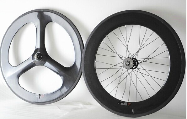 Super Light bicycle carbon wheels tri-spoke+ 88mm  rear clincher with Novatec track Hubs