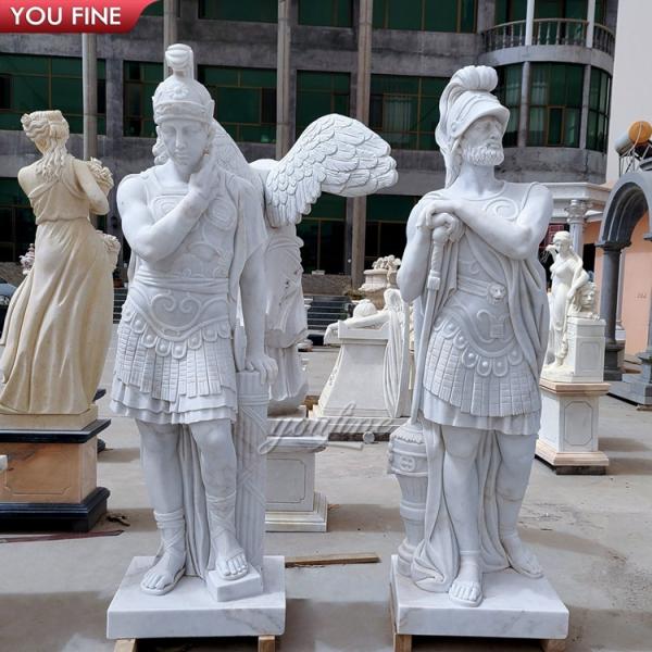 Outdoor Garden Ancient Marble Roman Statues Full Size Soldier Sculpture with Shield