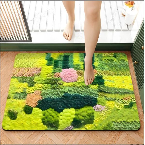 Moss Green Plant Non-Slip Absorbent Bath Mat Flocking Bathroom Waterproof Carpet
