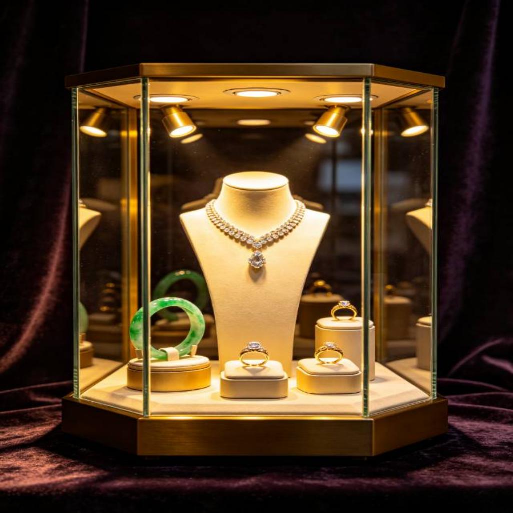 Luxurious White and Gold Metal Jewelry Display Case with LED Lighting Eco-Friendly Secure and Easy to Clean for Retail Stores