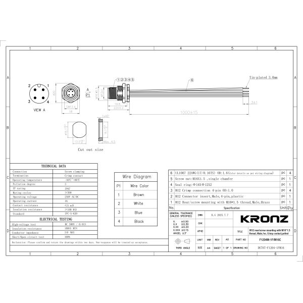 Waterproof M12 12 Pin Socket Wire Board Front Connector Cable with Zinc Alloy Shell