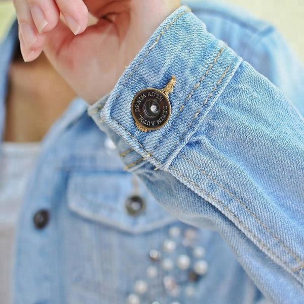 Blue Washed Ripped Ladies Fitted Denim Jacket With Pearls Slim Fit Style