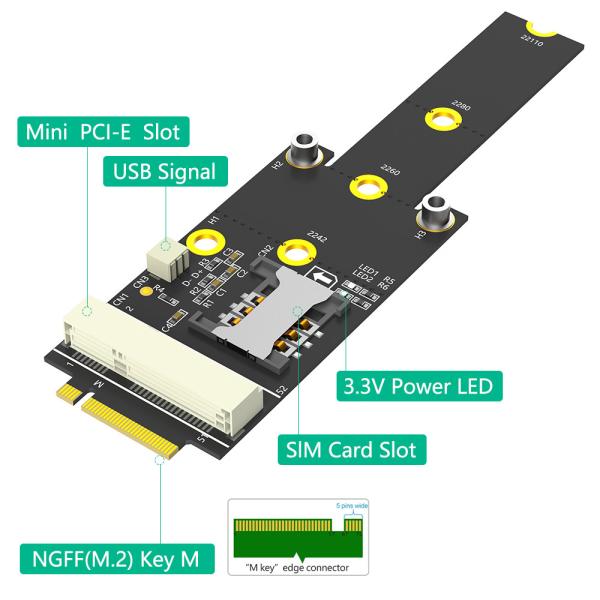 Mini PCI-E à M.2 (NGFF) clé M Adaptateur avec emplacement pour carte SIM
