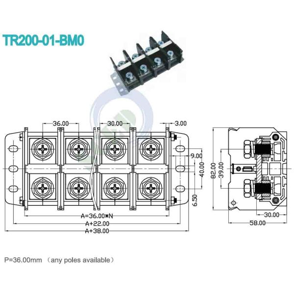 36.00mm 600V PCB PC Panel Mount Barrier Large Power Terminal Block Connectors For Server Site