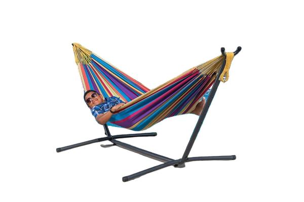 200*150cm Polyester Cotton Hammock Coffee Strip Natural Rope Iron Hammock for Courtyard