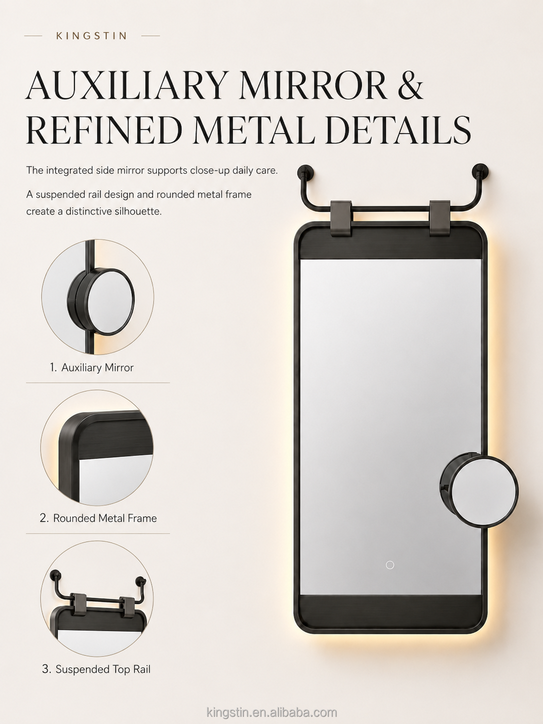 Kingstin Modern Hanging LED Mirror Custom Size Backlit Bathroom Vanity Mirror Anti-Fog Smart Touch Makeup Mirror