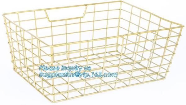 metal wire storage basket with tray in whole sale lowest MOQ sale even just buy 1 set, Kitchen storage Rose gold wire me