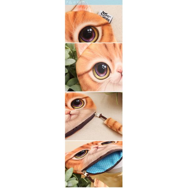 Customized Color Plush Make-up Bag with 3D Cat Coin Purse and Animal Print Tail Zipper