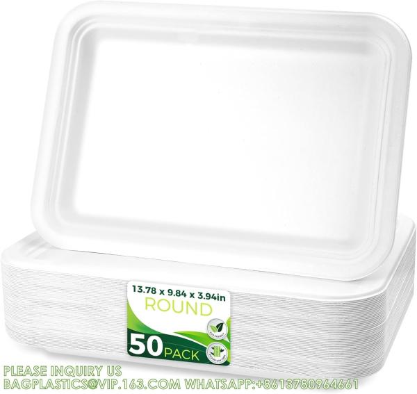 14 Heavy Duty Disposable Rectangle Food Trays, Compostable Extra Large Paper Platter Plates Serving Crawfish