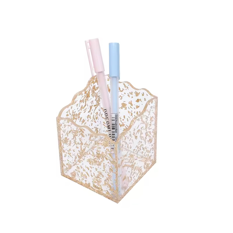 Luxury Gold Foil Glitter Acrylic Organizer Customizable Makeup Stationery Holder Chic New Desktop Storage Box for Vanity Office