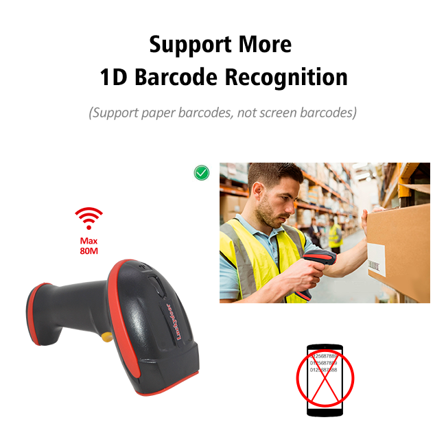 Rechargeable 50-80M 1D Wireless Barcode Scanner Flame Resistant