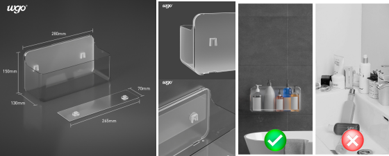 WGO 280mm Washable Fixed Bathroom Caddy Holder Gel Suction Shower Caddy