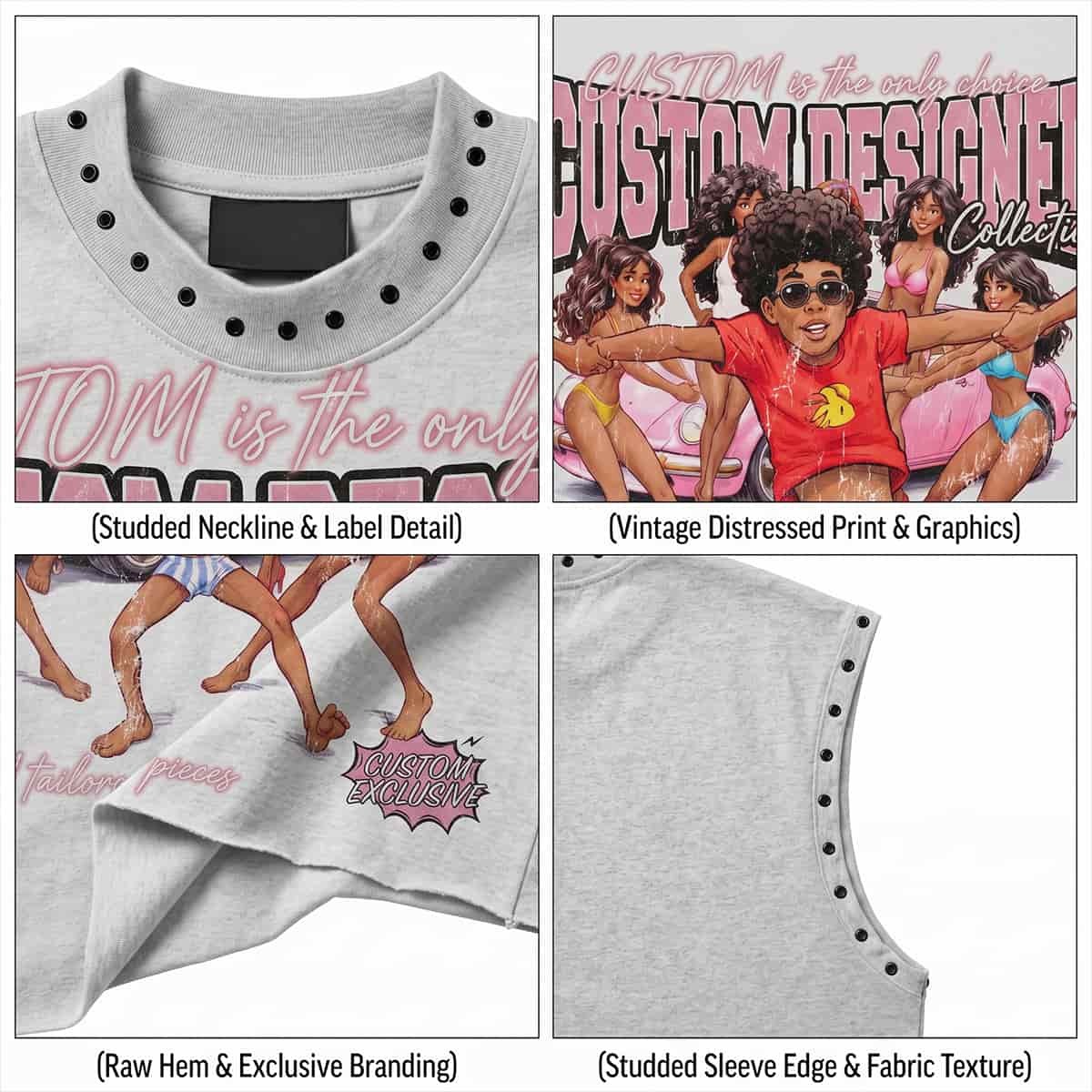 Custom Private Label Vintage Studded Sleeveless Graphic Tee for Men
