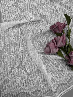 55 Inch White Floral Lace Fabric In Nylon Cotton Rayon Composition With Scallop Eyelash