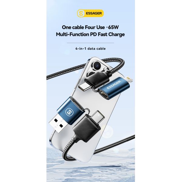 ESSAGER ES-X49 65W Usb to Type C Lightning 4 in 1 Charger Data Cable for Phone Laptop