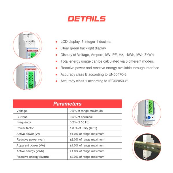 EM115 Digital Angle Meter with 230V Output Voltage and 5 45 A Measuring Energy Range