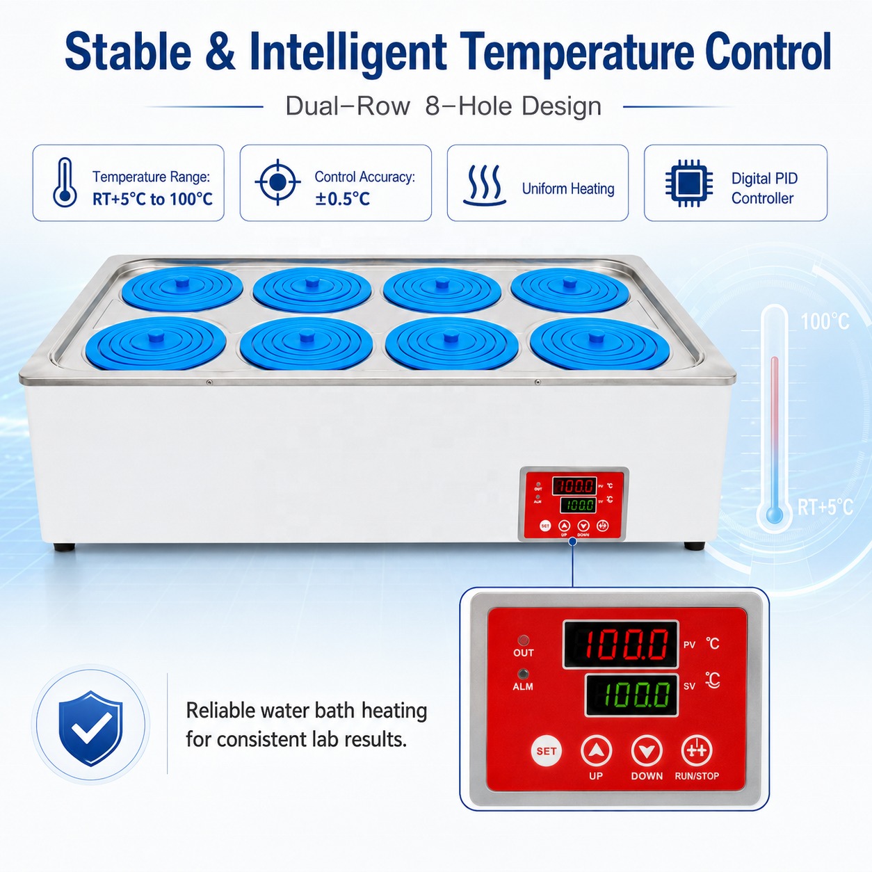 Cenlee HH-8 Biological Research Lab 8-Hole PID Digital Control 100°C 1500W 304 Stainless Steel Constant Temperature Water Bath