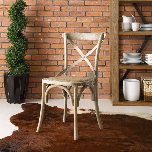 Gear Rustic Farmhouse Modern Wooden Dining Chairs , Elm Wood Rattan Dining Chair In Gray