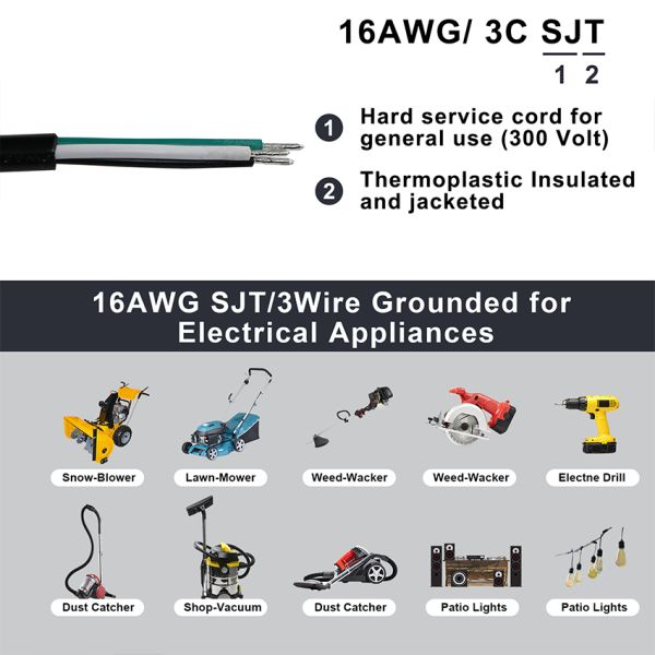 NEMA 5-15P Cordón de alimentación con alambre de barra de lata 3 conductores US cable de enchufe para cableado DIY, panel, uso de bloques terminales