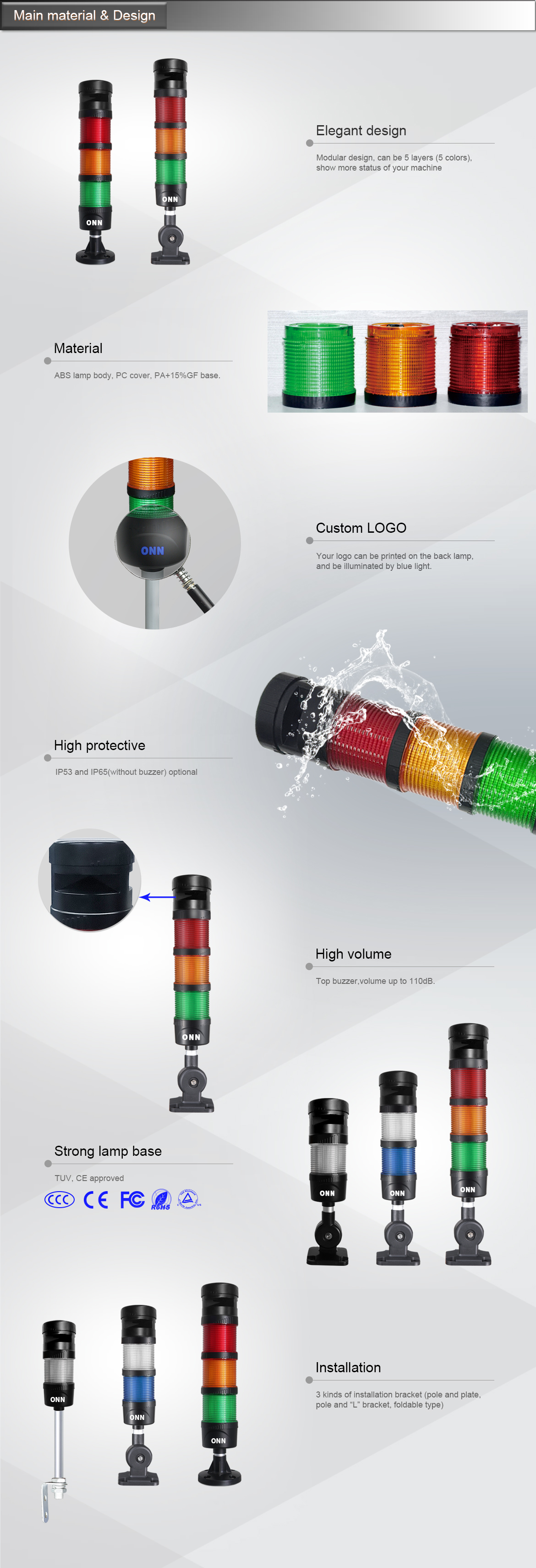 ONN-M4-Topbuzzer Multi Color Alarm Tower Buzzer Up To 110dB Custom Pole Length CNC