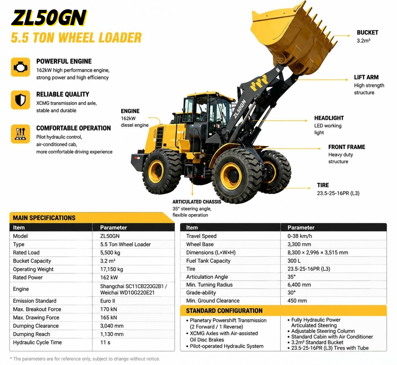 5.5 Ton Zl50gn Mining Wheel Loader Heavy Duty Payloader with Powerful Engine