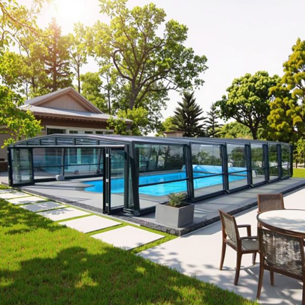 Custom Retractable Electric Glass Roof for Swimming Pool Aluminum Sunroom Automatic Slide Pool Cover Flat for Hotels Apartments