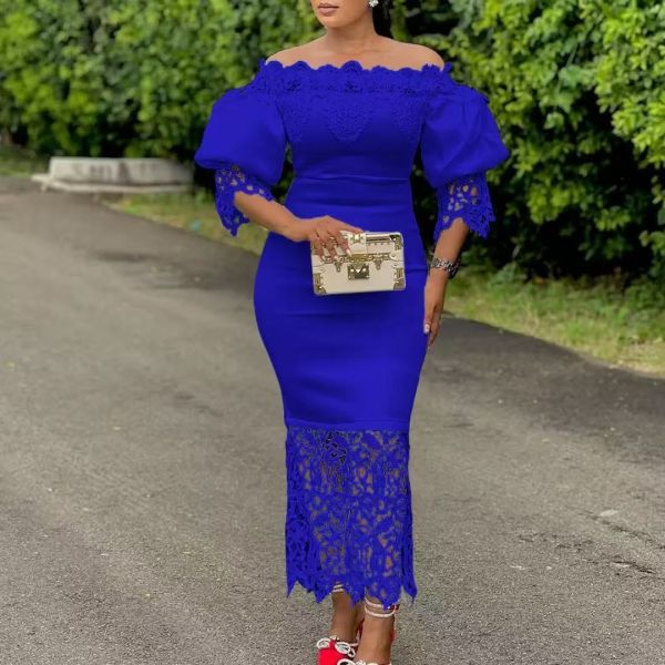 African Style Off Shoulder Lace Neckline Puff Sleeves Midi Bodycon Party Dress with Stretch Fabric