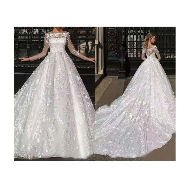 Flower Lace Long Tail Wedding Dress / Elegant Satin Wedding Gowns