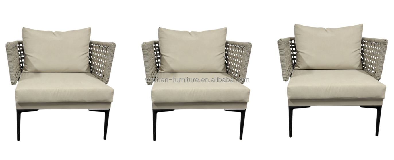 Modern Handwoven Rope Lounge Chair with Matching Cushion Set Black Frame for Hotel Resort Villa