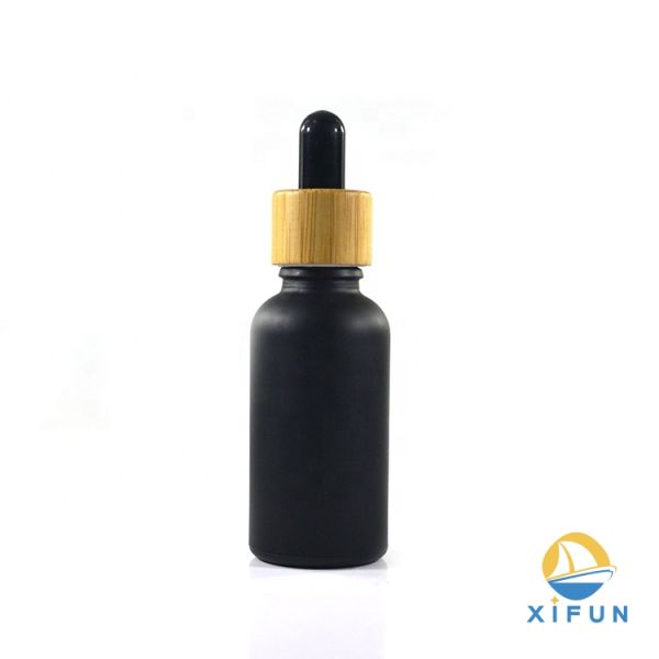 Luxury Bamboo Lid Dark Glass Dropper Bottles With Black Matte Glass Material