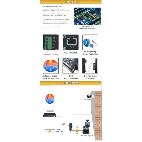 12VDC вывело наружу промышленный Splitter IEEE802.3af/at PoE с функцией переключателя PoE 2 портов
