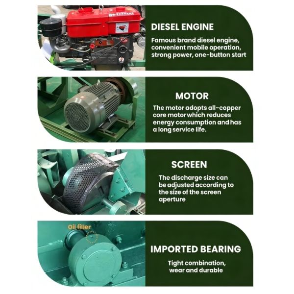 Multifunctional Wood Grinder Sawdust Machine with Diesel/Electric Motor & Gear High Capacity Waste Log Crusher Crusher Chipper & Shredder Sawdust Hammer Mill