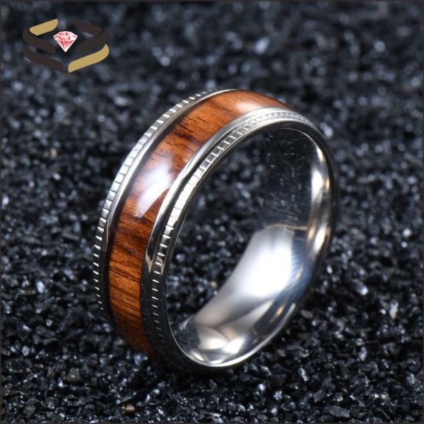 Bandas de titanio de bodas de 8 mm para hombres con color de incrustación de madera Koa