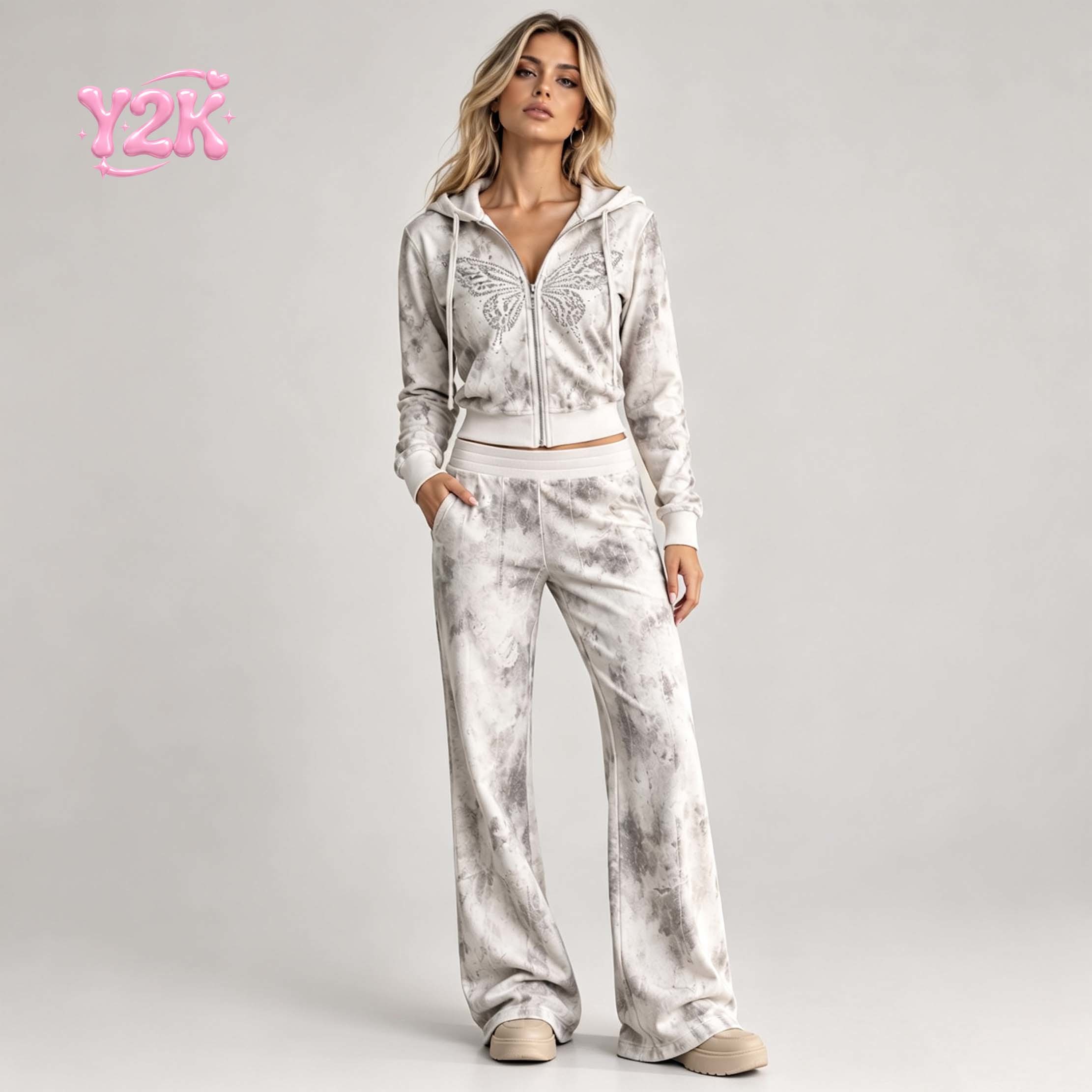 Custom Women Vintage Wash Hooded Jacket Flare Pants Two Piece Set