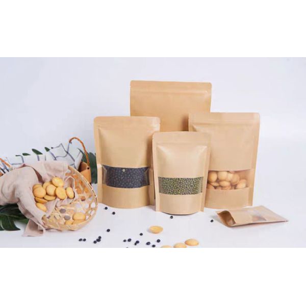 Stand Up Brown Kraft Resealable Paper Pouches For Food Packaging