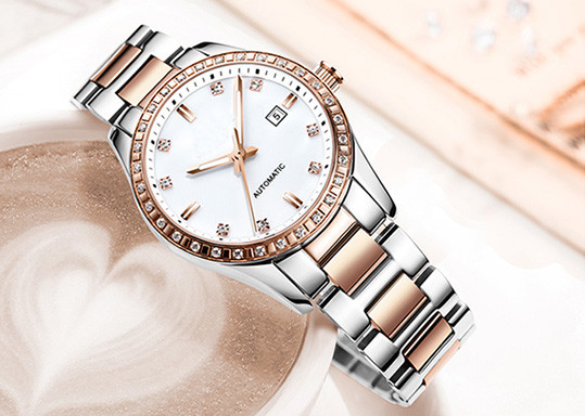 Female Stainless Steel Automatic Watch 5 ATM Water Resistant Super Luminous