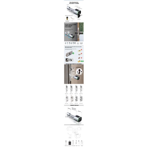 35-45mm Door Thickness Tuya App Unlock Smart Digital Electronic Cylindrical Door Lock