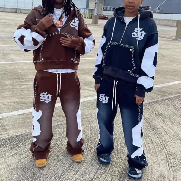Custom Reverse Embroidery Logo Streetwear Pullover Vintage Half Zipper Acid Wash Distressed Flared Sweatpants Hoodie Set