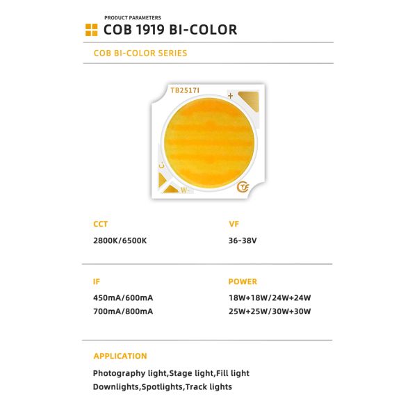 Bi-Color LED Chip 18W-30W 2800K-6500K Tunable COB Ra90