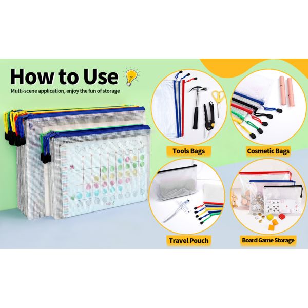 Mesh Zipper Pouch, Waterproof Zipper Bags, 8 Sizes Waterproof Plastic Document Pouch, 8 Colors, Multipurpose