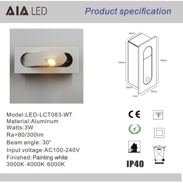 Modern recessed mounted led headboard wall light/hotel led bedside wall light/led bed book wall light