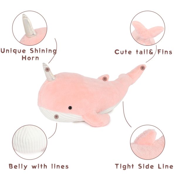 MorisMos 24 Inch Soft Pink Plush Whale Narwhal Ultra-Soft Stuffed Cotton Funny Hugging Pillow Decor Girls Kids Party Accessory