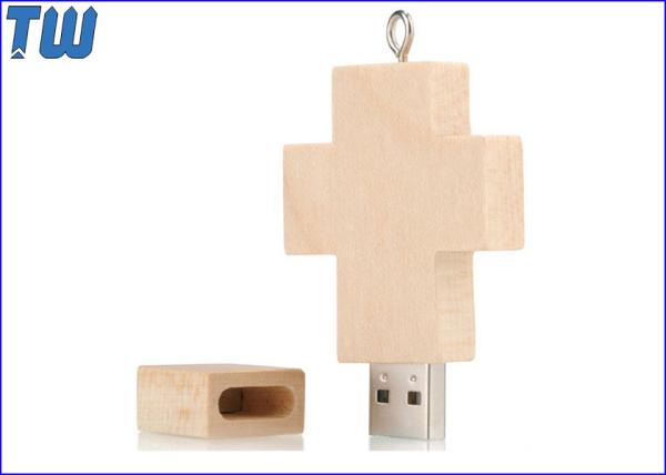 Personal Key Chain Cross 64GB USB Disk Stick Natural Maple Wood
