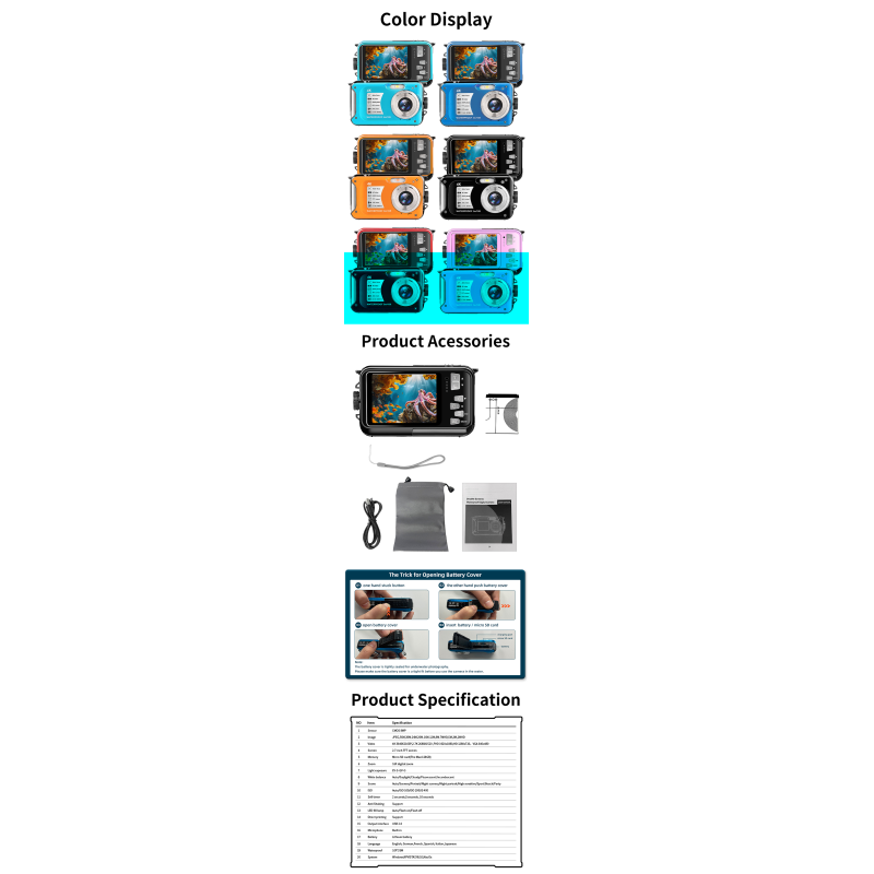 4K 56MP HD Waterproof Camera 2.7'' Screen 10FT 3M Underwater Swimming Camera 16X Digital Zoom Camera for Snorkeling and  Diving