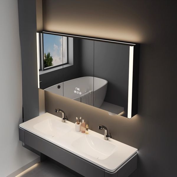 Luxury Modern LED Mirror Cabinet Anti-Fog Water Resistant Wall-Mounted Acrylic Metal Illuminated Bathroom Medicine Storage for