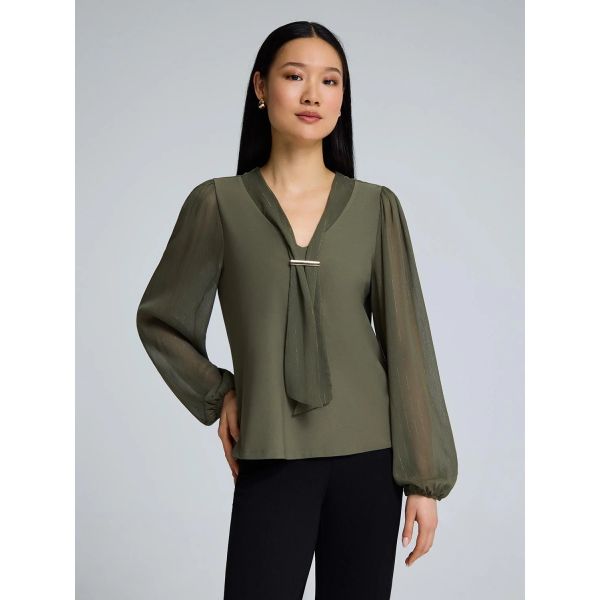 Elegant V-Neck Blouse with Sheer Chiffon Sleeves & Metal Bar Accent (Olive Green / Magenta / Leopard Print)