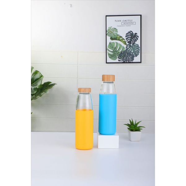 18oz Dishwasher Safe Round Glass Bottle Bamboo Lid Silicone Sleeve Tough