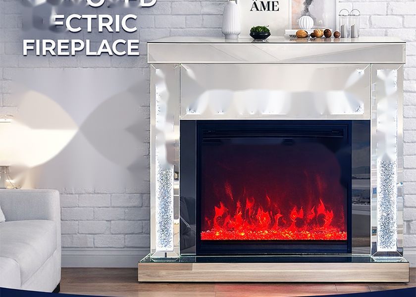 JSBL1301 Crushed Crystal Mirror Design Electric Fireplace TV Stand with Remote Control and 7-Color Dimmable Flame Effect