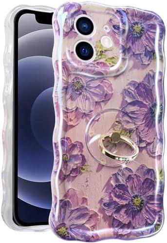 iPhone 12 Pro Max case Ring, Oil Painting flower Colorful retro flower cute curly wave frame Women's Girl phone case